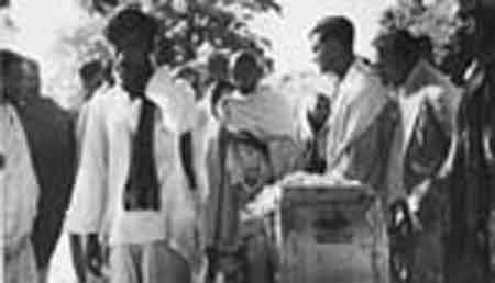 Gandhiji examining the freshly ginned cotton at Sriniketan in 1940.jpg